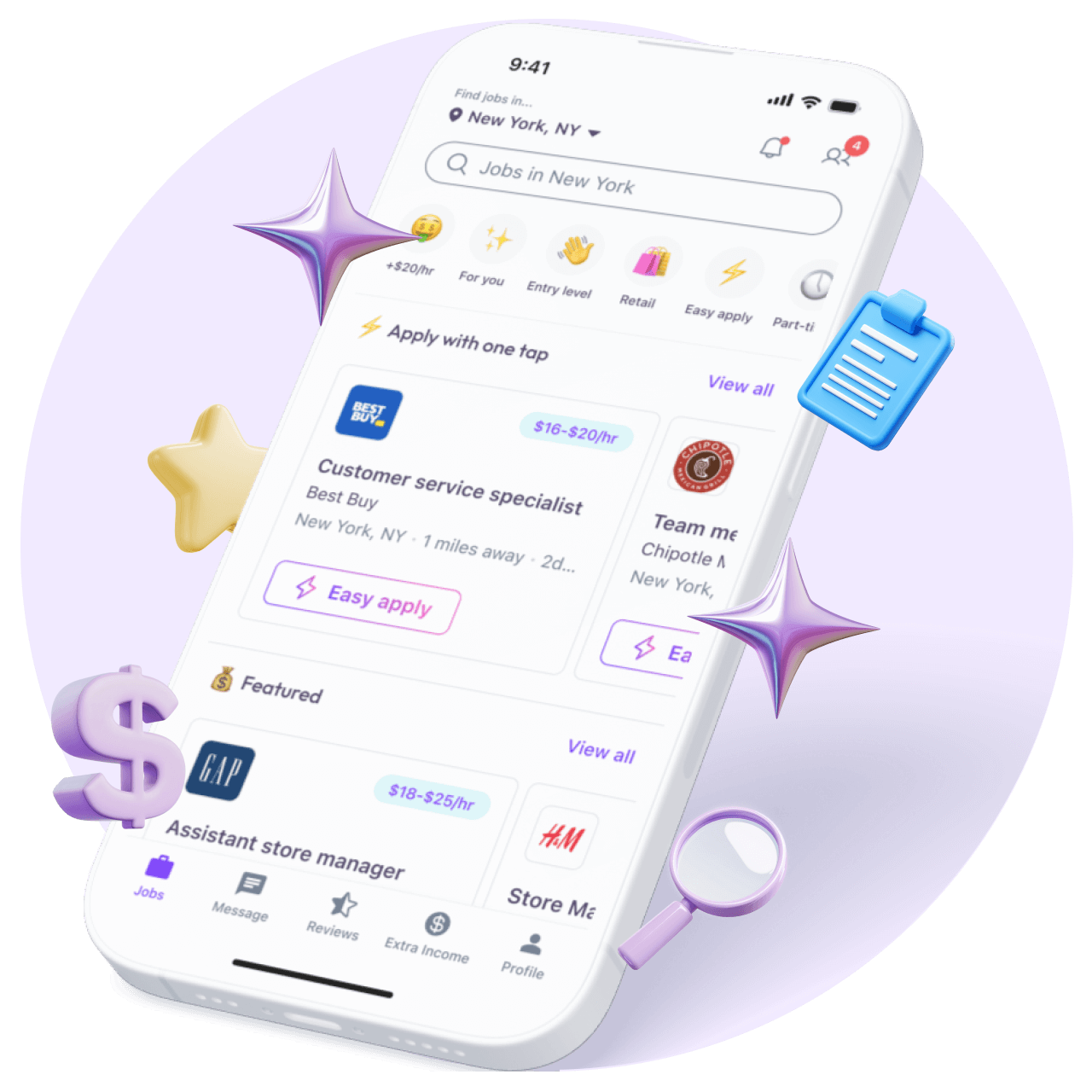 Mobile app showing job listings and navigation icons